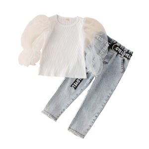 shell.love rib lace puff sleeve belt denim pants girls wear kids (1)