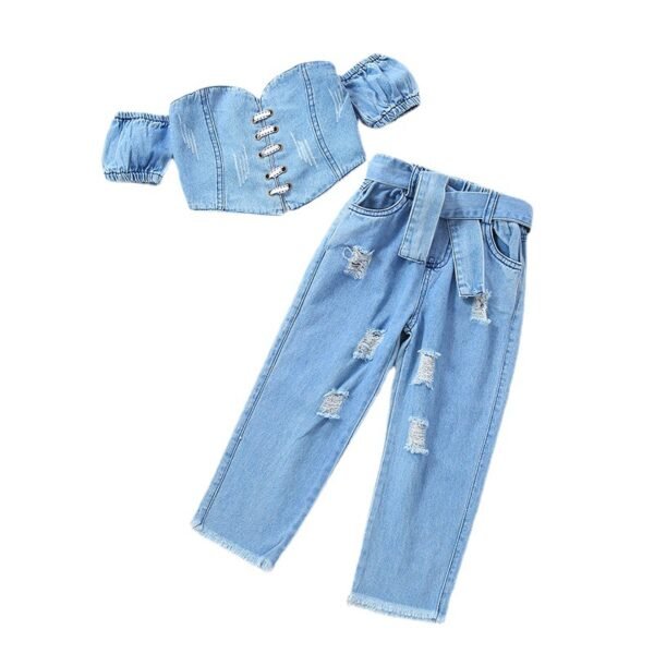 shell.love solid denim off shoulder girls clothes set kids (1)