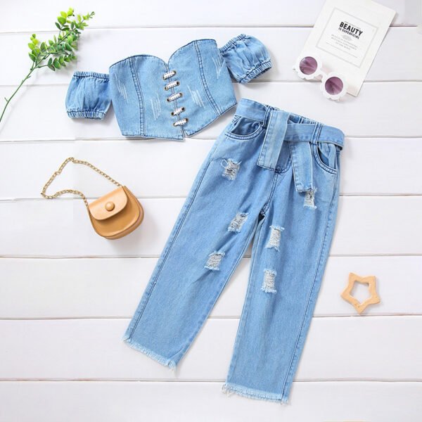 shell.love solid denim off shoulder girls clothes set kids (2)