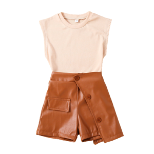 shell.love solid vest pu leather shorts kids clothes set kids