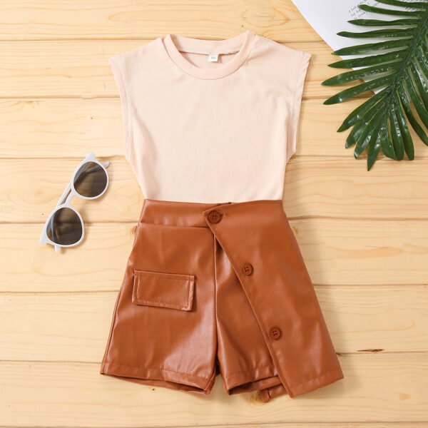 shell.love solid vest pu leather shorts kids clothes set kids