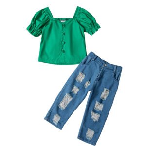 shell.love bubble sleeve top ripped jeans girls suit kids (1)