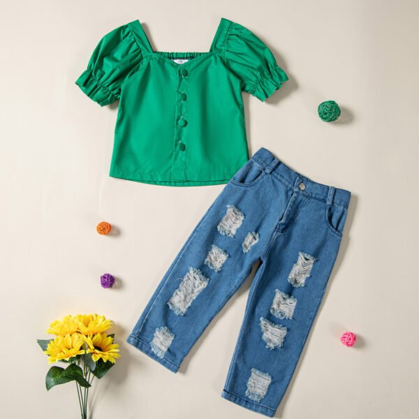 shell.love bubble sleeve top ripped jeans girls suit kids (2)
