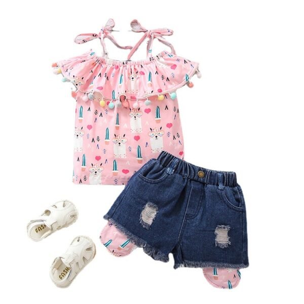 shell.love cartoon top ripped denim shorts girls clothe kids (1)