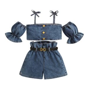 shell.love girls denim short sleeve summer outfits kids (1)