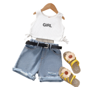 shell.love knitting letter denim ripped shorts girls suit kids