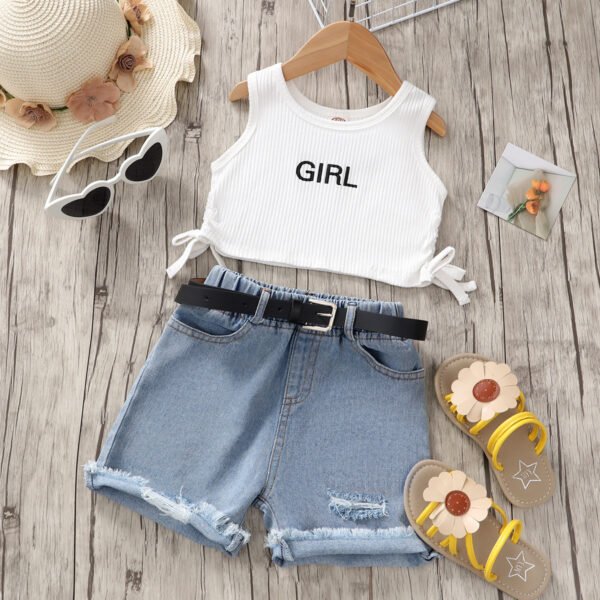 shell.love knitting letter denim ripped shorts girls suit kids