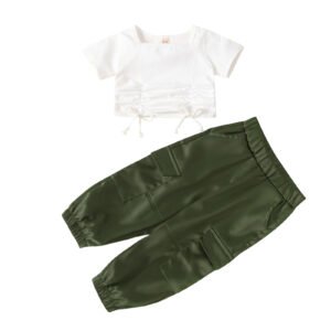 shell.love pleated t shirt army green pocket pants girls sets kids (1)