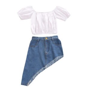 shell.love white top irregular denim skirt children wear kids (1)