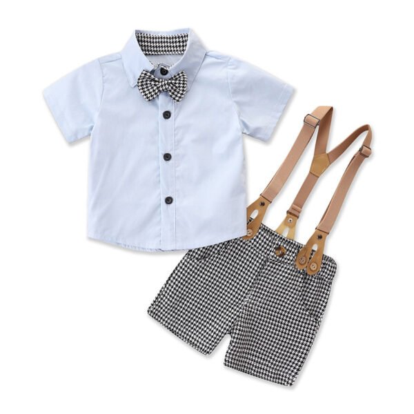 shell.love bow tie shirt plaid suspenders shorts boys suit kids (1)
