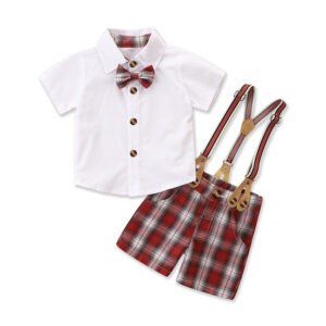 shell.love bow tie shirt plaid suspenders shorts boys suit kids (2)