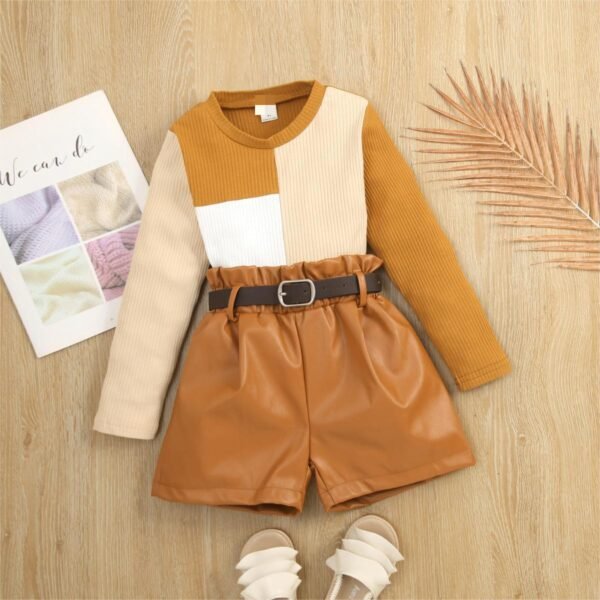 shell.love patchwork top pu leather shorts kids clothes kids (2)