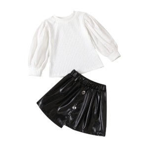 shell.love pit stripe blouse irregular leather skirt set kids (2)