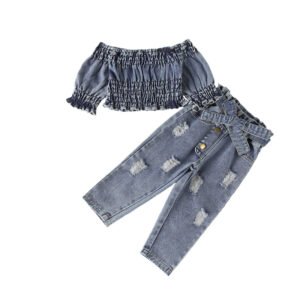 shell.love ruffles solid elastic girls denim clothes kids (1)