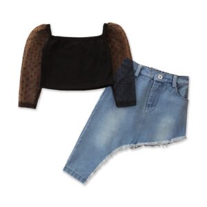 shell.love solid irregular denim skirt girls outfits kids (1)