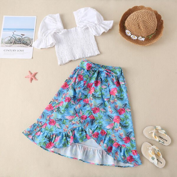 shell.love solid top floral irregular skirt girls set kids (2)