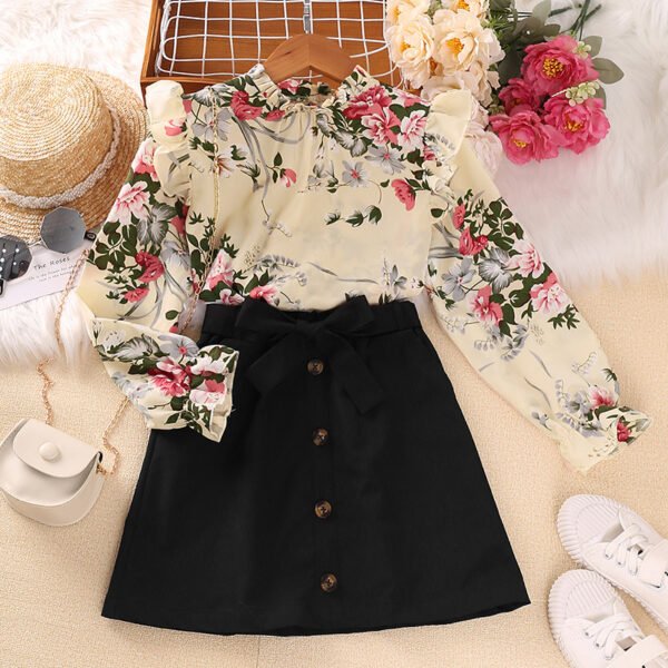 shell.love floral top button belt solid skirt girls set kids (2)