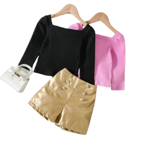 shell.love knitted top pu leather shorts children set kids (1)