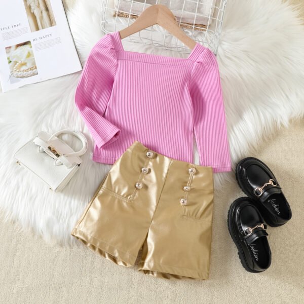 shell.love knitted top pu leather shorts children set kids (2)