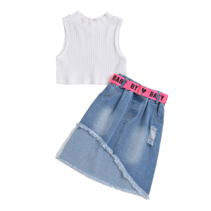 shell.love knitted vest irregular ripped denim skirt outfits kids