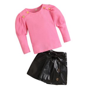 shell.love knitting top leather pu culottes girls suit kids (1)