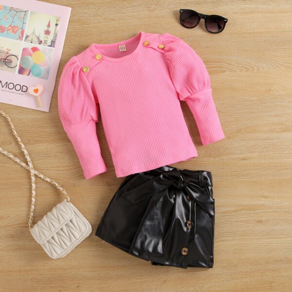 shell.love knitting top leather pu culottes girls suit kids (2)