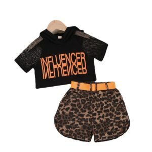 shell.love letter gauze hooded leopard shorts girls suit kids (1)