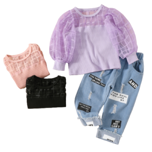 shell.love mesh knitting top letter ripped jeans set kids (1)