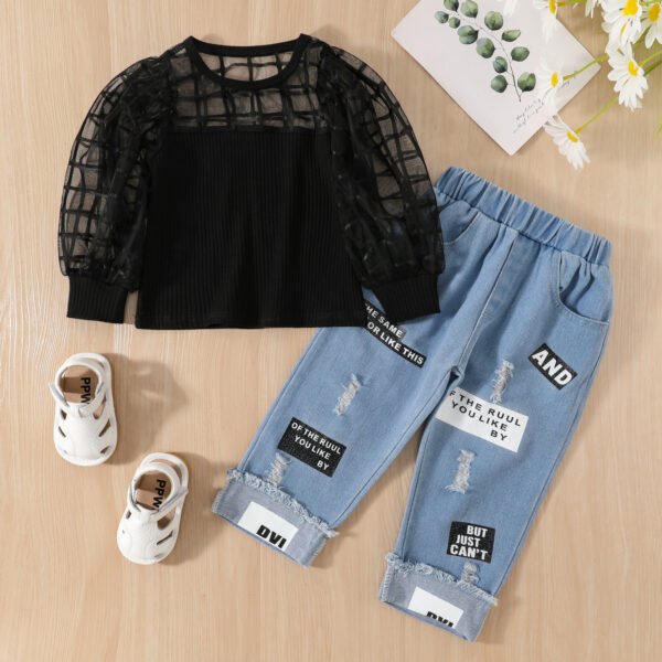 shell.love mesh knitting top letter ripped jeans set kids (3)