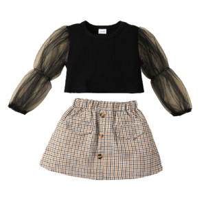 shell.love mesh puff sleeve top plaid skirts children clothes kids