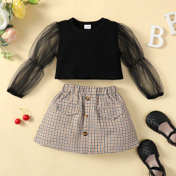 shell.love mesh puff sleeve top plaid skirts children clothes kids