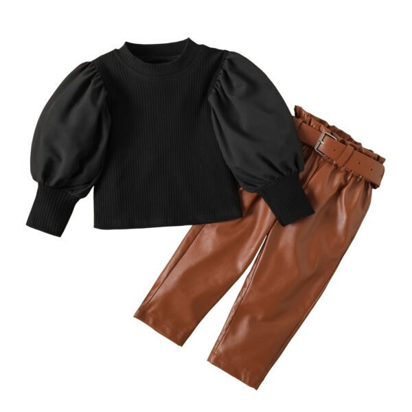 shell.love puffy sleeve knit top pu leather pants set kids (1)