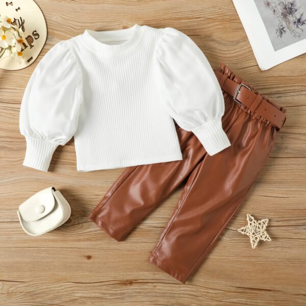 shell.love puffy sleeve knit top pu leather pants set kids (2)