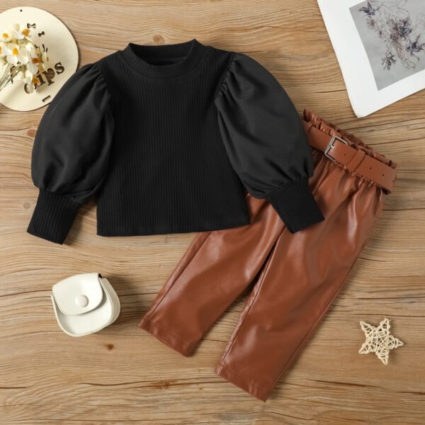 shell.love puffy sleeve knit top pu leather pants set kids (3)