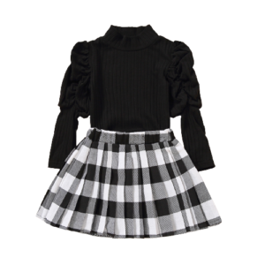 shell.love puff sleeve pleated plaid skirt girls set kids (1)