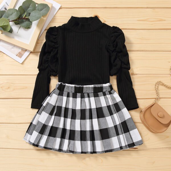 shell.love puff sleeve pleated plaid skirt girls set kids (1)