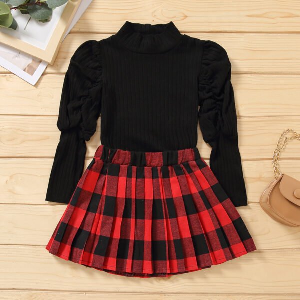 shell.love puff sleeve pleated plaid skirt girls set kids (2)