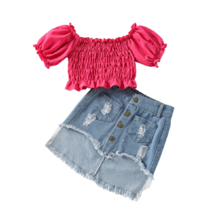 shell.love ruffles solid ripped denim skirt girls set kids