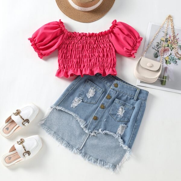 shell.love ruffles solid ripped denim skirt girls set kids