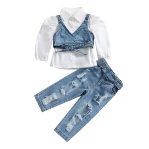 shell.love shirt vest denim ripped pants girls set kids (1)