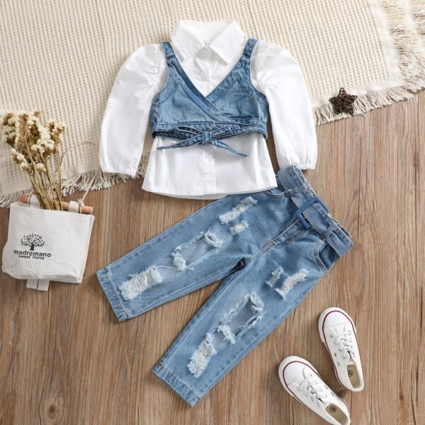 shell.love shirt vest denim ripped pants girls set kids (2)