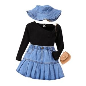 shell.love knit denim pleated skirt girls set kids (1)