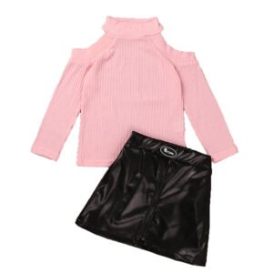 shell.love knit high collar leather skirt girls suit kids (1)