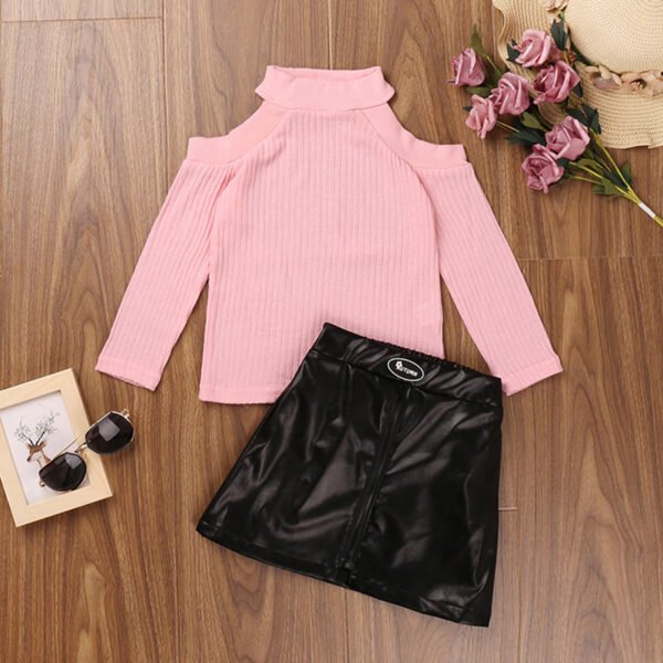 shell.love knit high collar leather skirt girls suit kids (2)