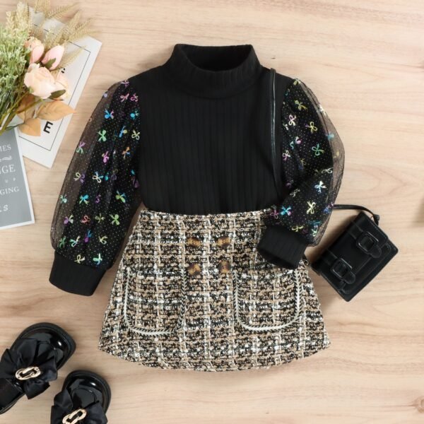 shell.love knit mesh bow plaid children suit kids (2)