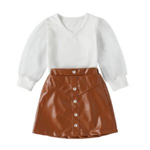 shell.love v neck mesh button leather skirt set kids (1)