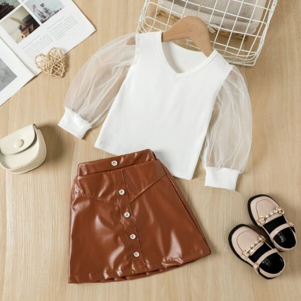 shell.love v neck mesh button leather skirt set kids (3)