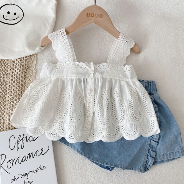 shell.love lace suspender denim culotte set kids