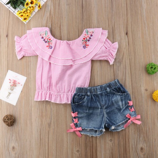 shell.love plaid denim embroidered girl set kids (2)