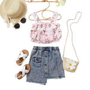 shell.love floral lace denim irregular skirt set kids